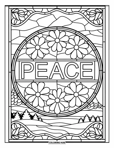 Yetişkinler için Barış Boyama Sayfası: Çiçekler, dağlar ve ağaçlarla vitray "Peace"