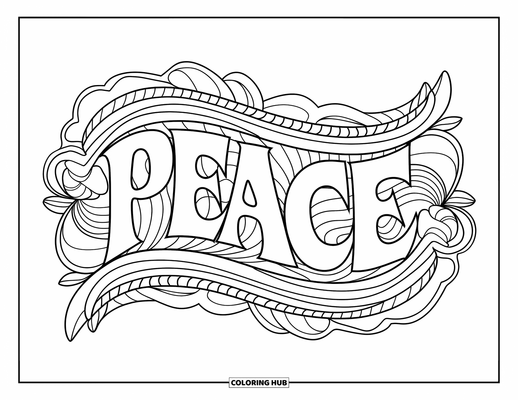 Peace Coloring Page for Adults: The word "Peace" framed with floral patterns and gentle waves