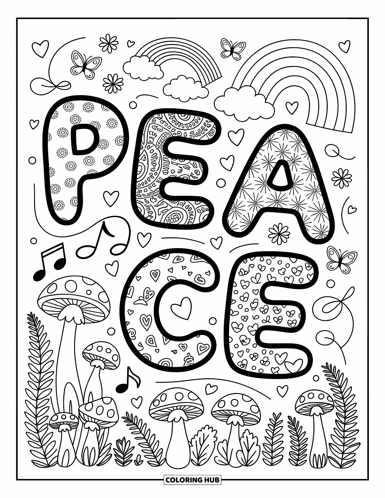 Peace Coloring Page for Adults: The word "PEACE" in bubble letters decorated with hearts, flowers, paisleys, and swirls