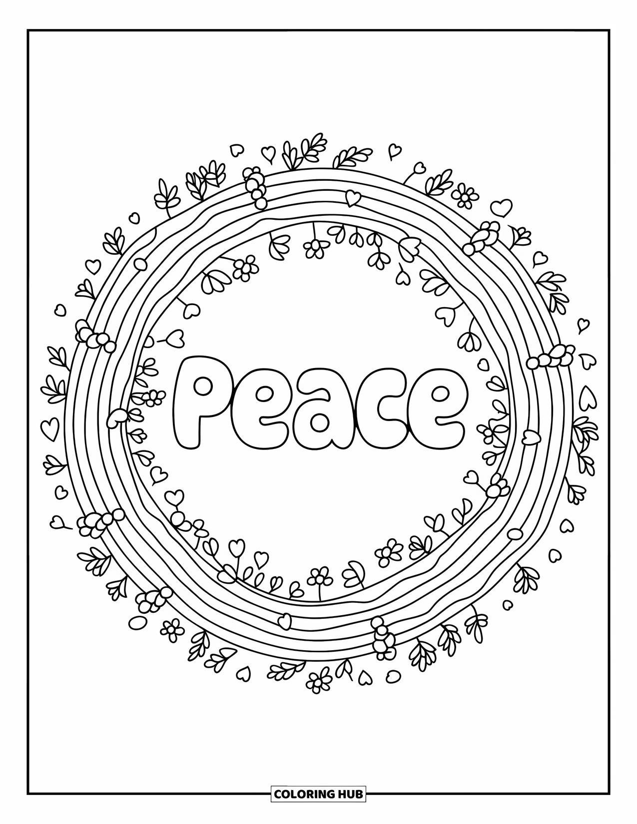 Peace Coloring Page for Kids: Curved rainbow frame with "Peace" and tiny doodles
