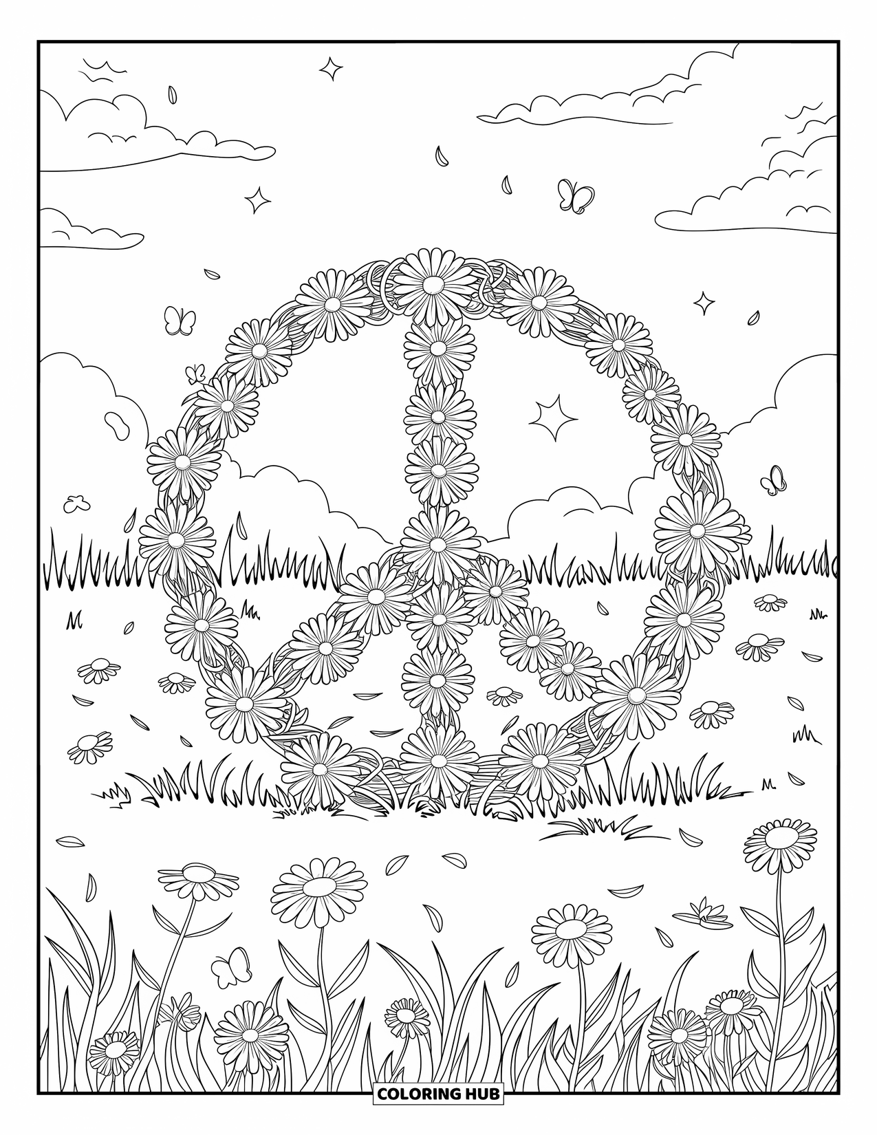 Peace Coloring Page for Kids: Flower vine peace symbol in dreamy meadow scene