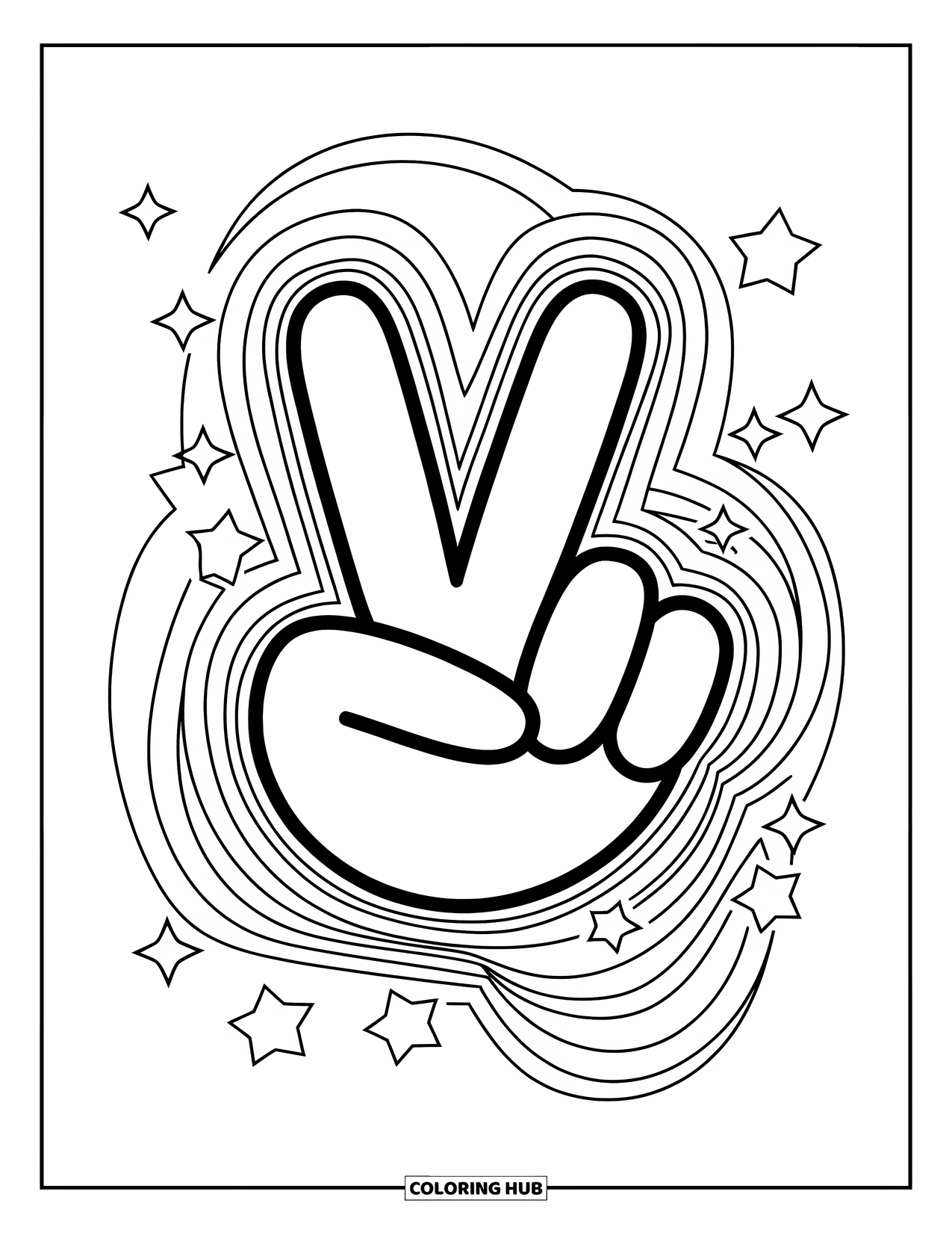 Peace Coloring Page for Kids: Hand making peace sign with psychedelic swirls and stars