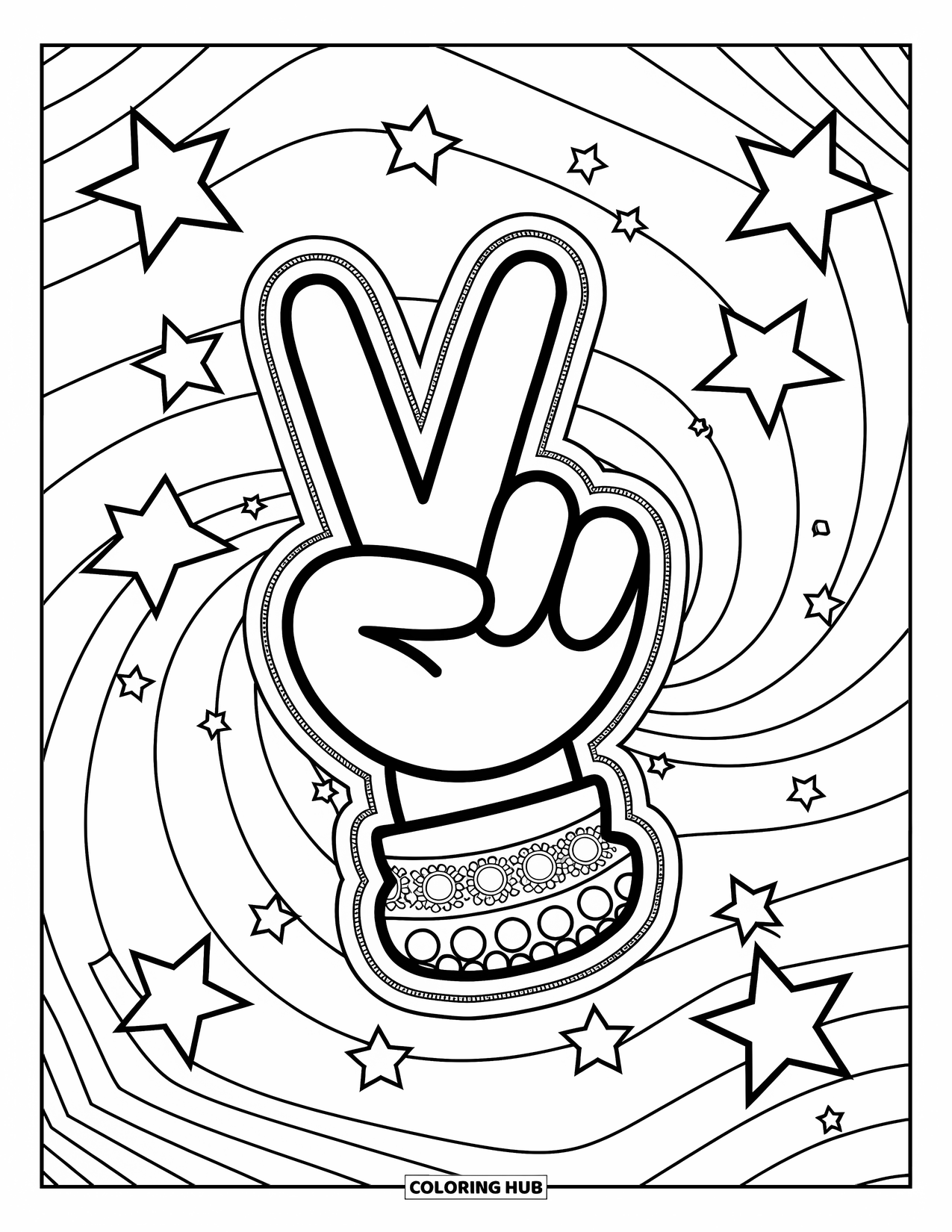 Peace Coloring Page for Kids: Hand with wristband showing peace sign over swirls