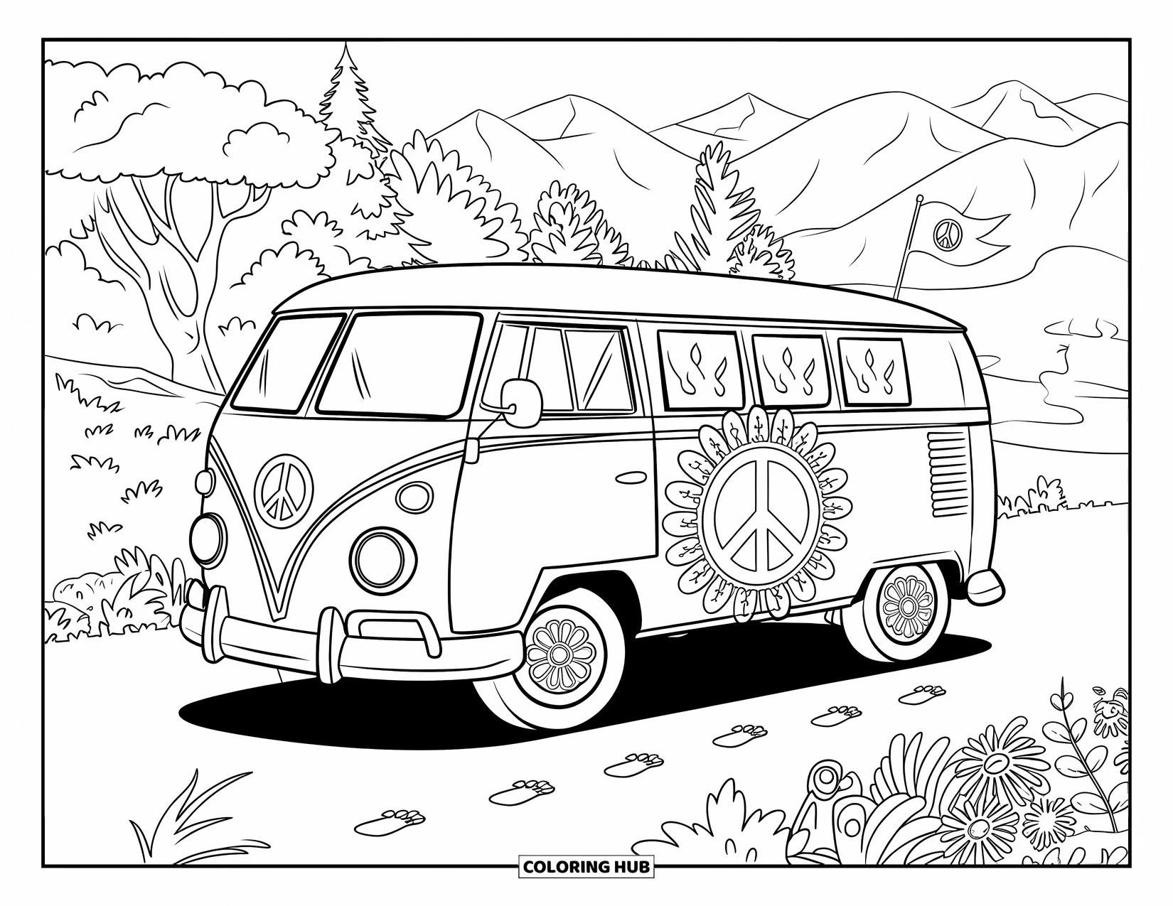 Peace Coloring Page for Kids: Hippie van in nature with footprints and peace flag