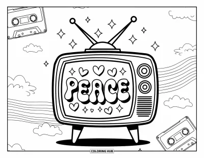 Çocuklar için Barış Boyama Sayfası: Gökkuşağı dalgaları ve bulut karalamalarıyla "Peace" gösteren kawaii TV