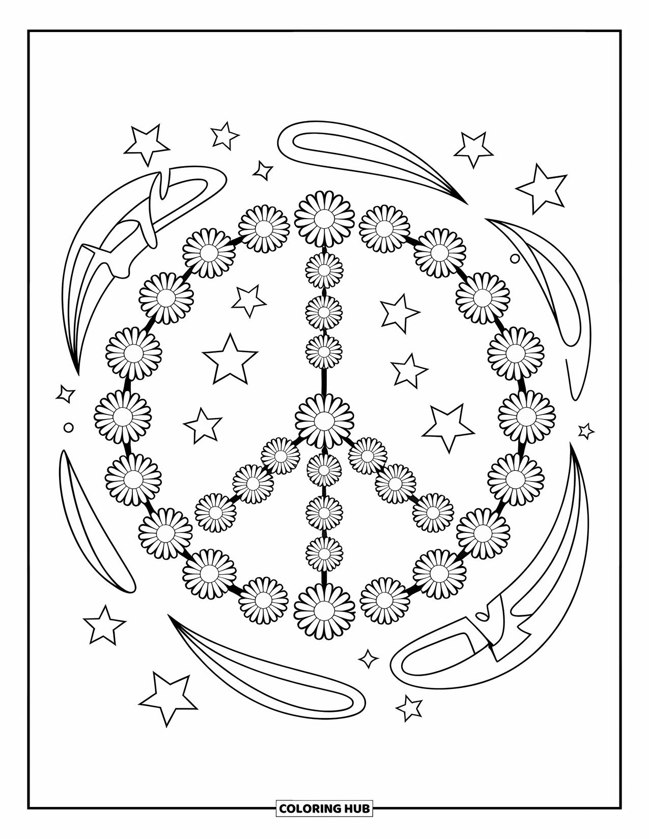 Peace Coloring Page for Kids: Peace daisy chain with scattered swirls and stars