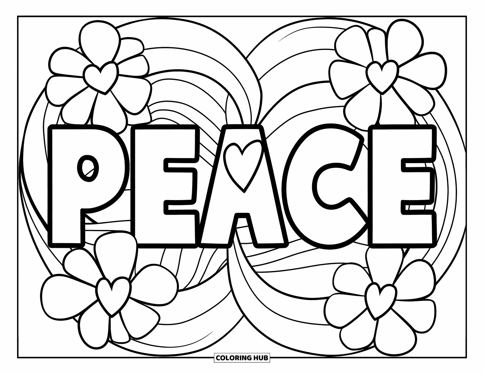 Peace Coloring Page for Kids: Peace lettering with flowers shaped like hearts