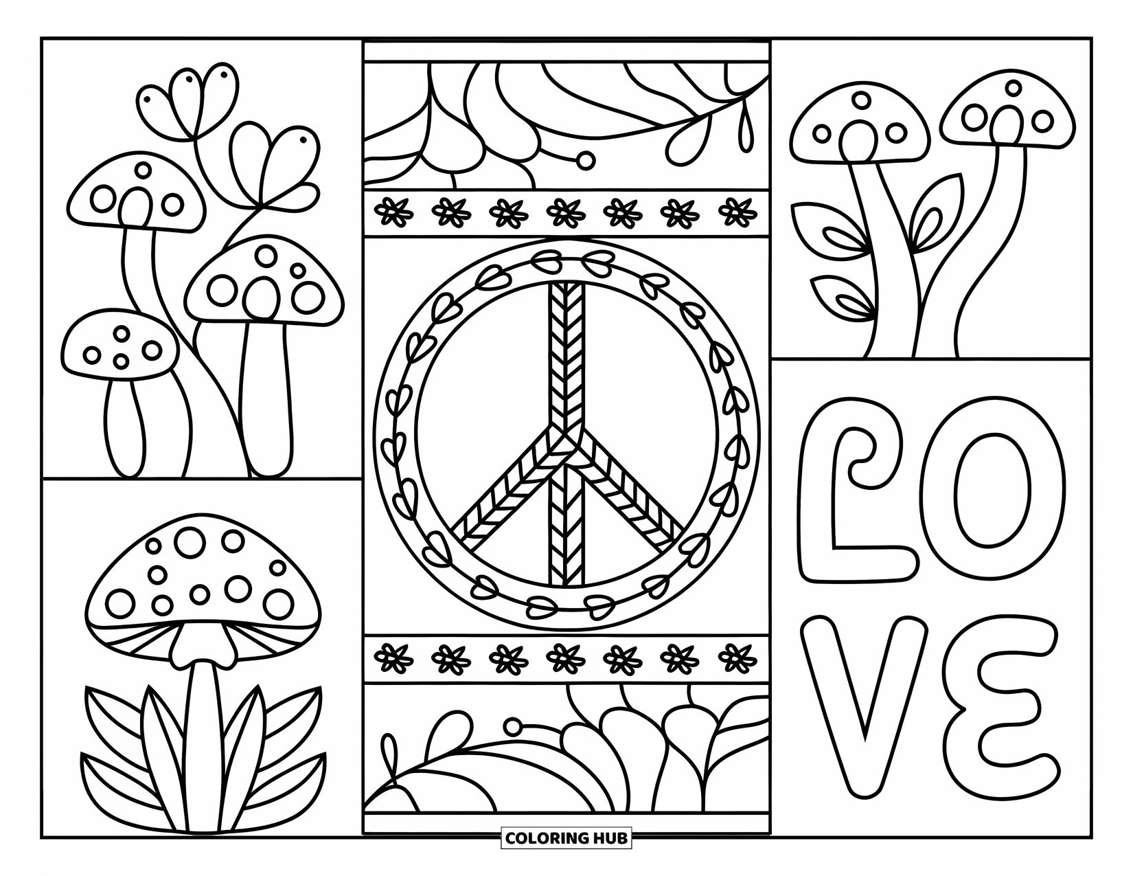Peace Coloring Page for Kids: Peace patchwork with mushrooms, flowers, and swirling letters