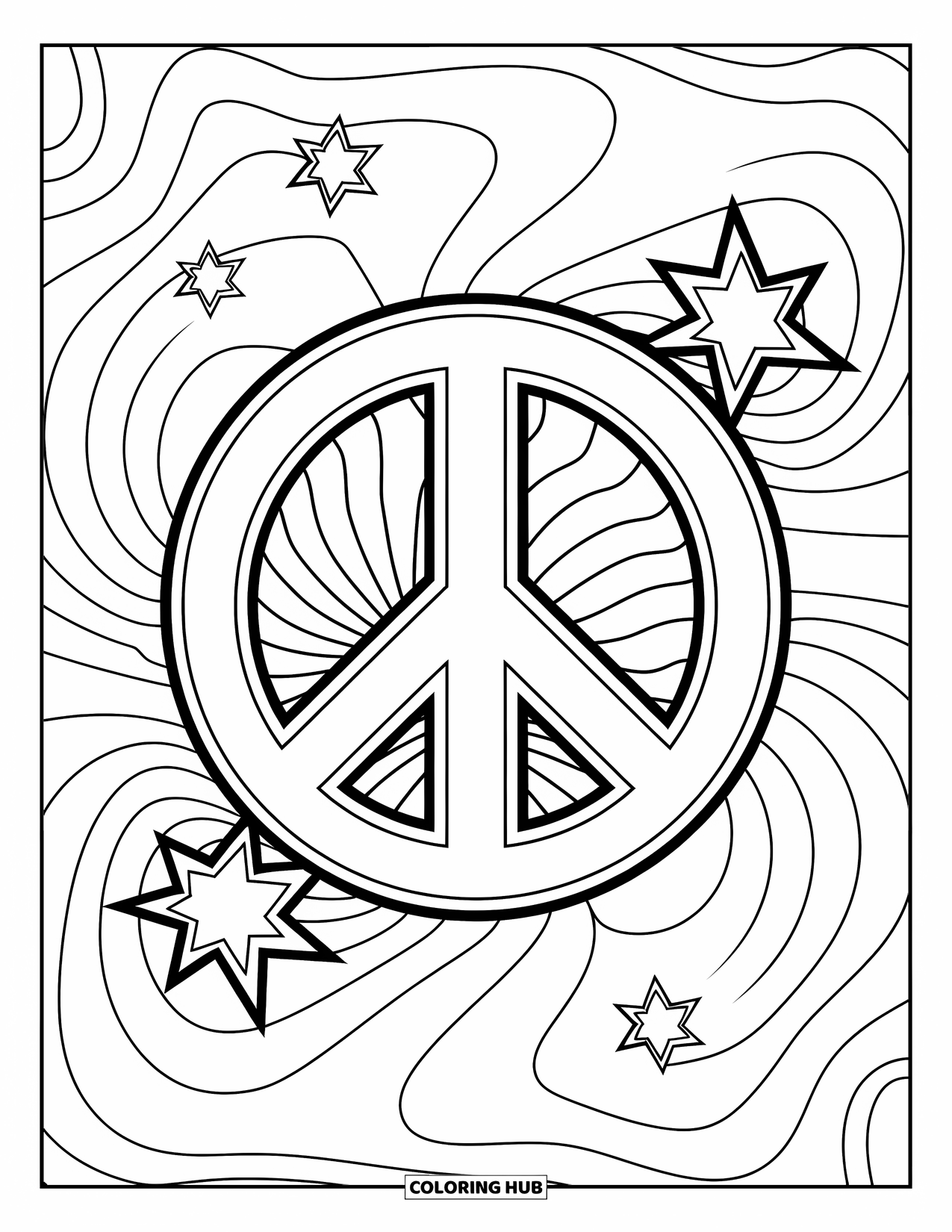 Peace Coloring Page for Kids: Peace sign hand with funky swirls and star doodles