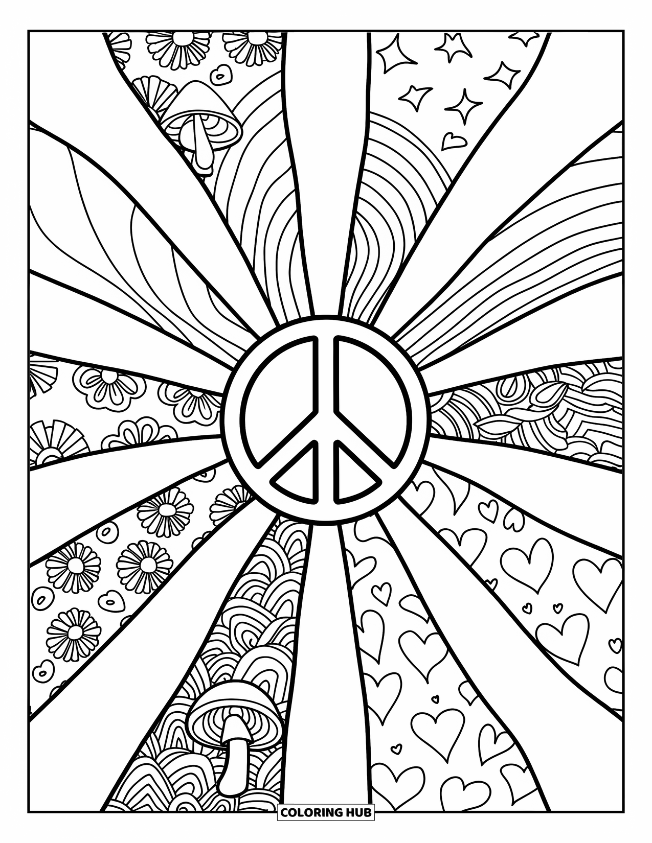 Peace Coloring Page for Kids: Peace sign with rays decorated with mushrooms and rainbows