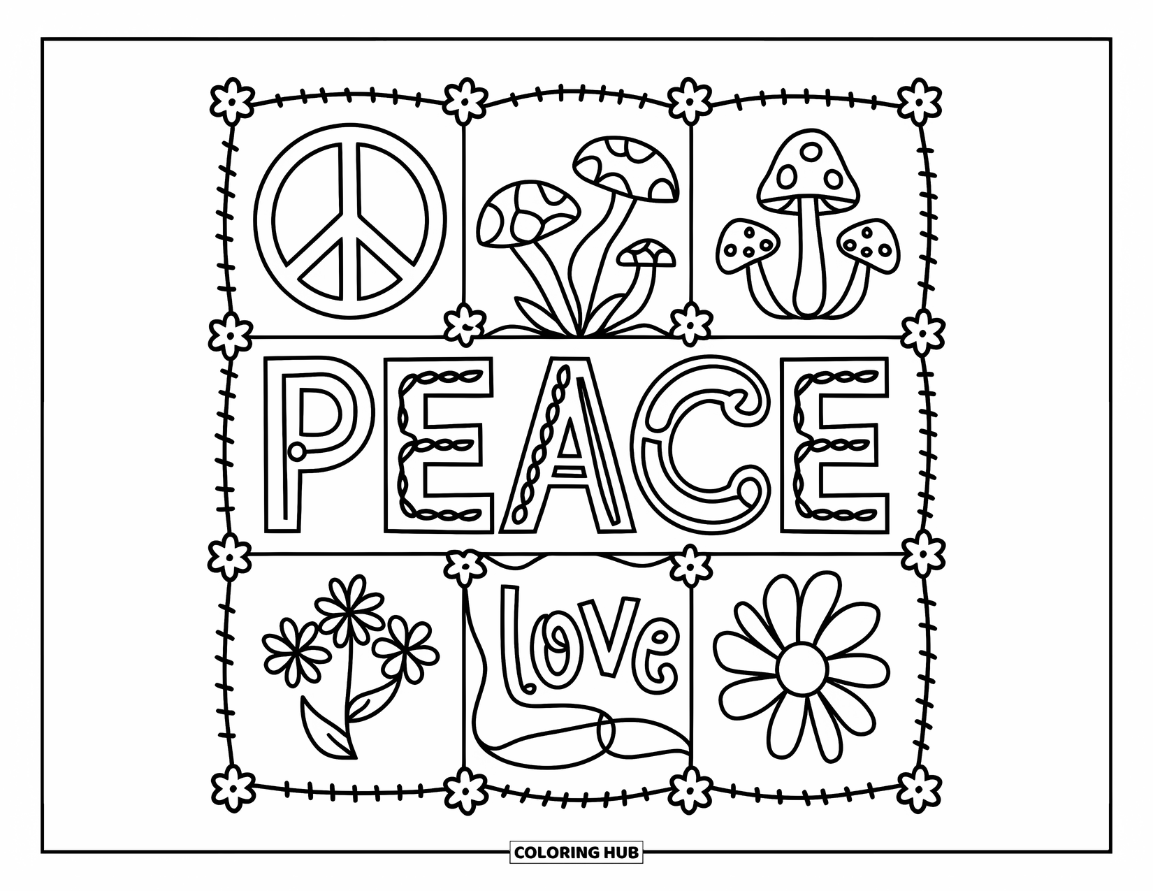 Peace Coloring Page for Kids: Peace-themed patchwork with doodles of symbols and flowers