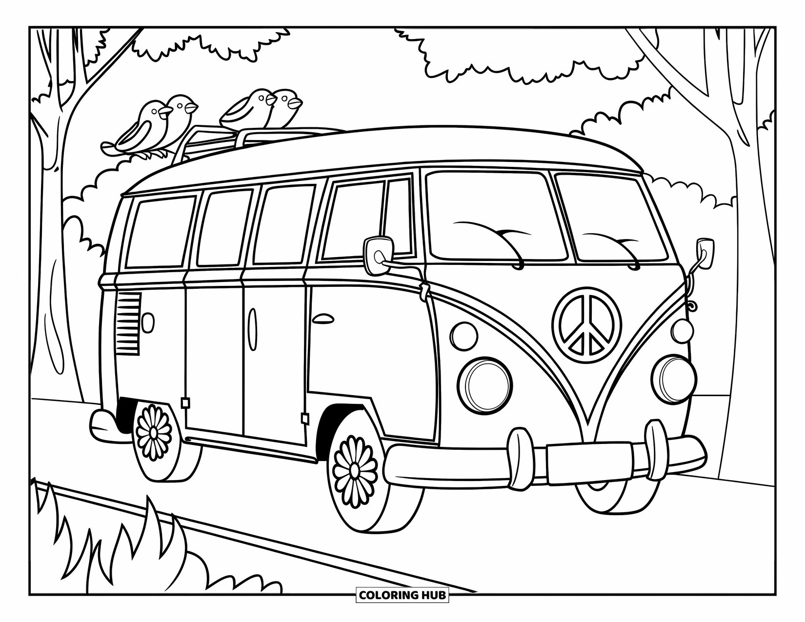 Peace Coloring Page for Kids: Peace van with trees, road, and bird details