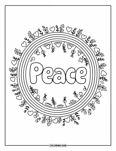 Çocuklar için Barış Boyama Sayfası: Kawaii motifli gökkuşağı çerçevesiyle çevrili "Peace" yazısı