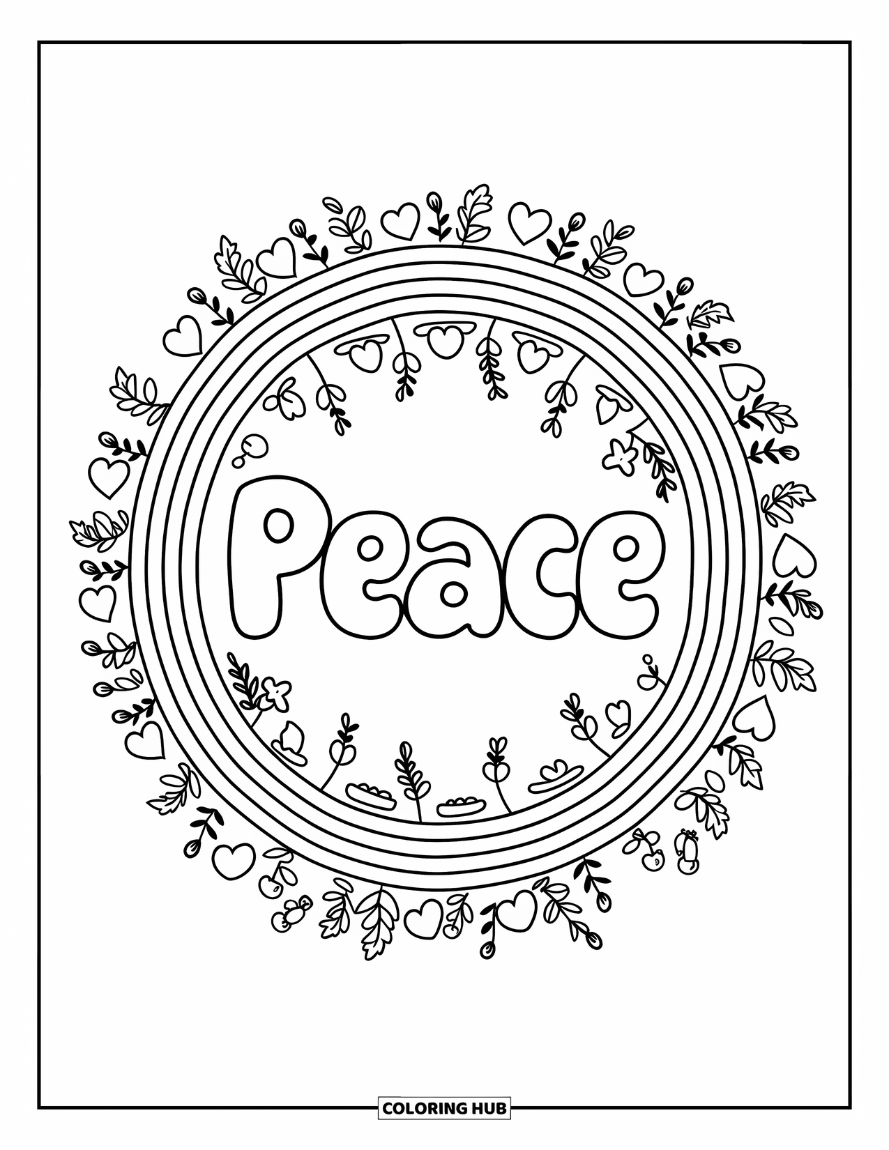 Peace Coloring Page for Kids: Rainbow frame encircling "Peace" with kawaii motifs