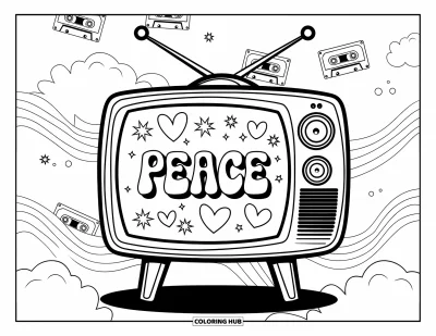 Çocuklar için Barış Boyama Sayfası: "Peace" yazısı ve kaset karalamalarıyla retro TV