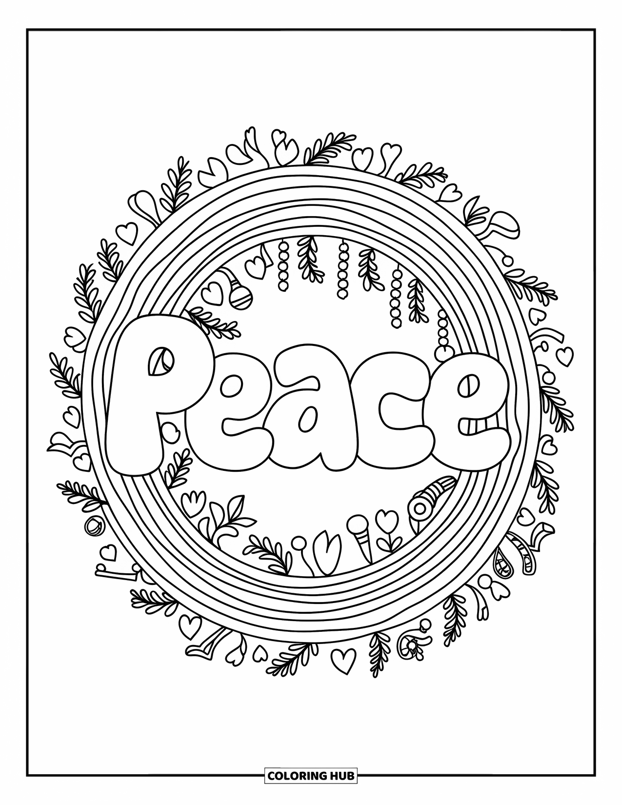 Peace Coloring Page for Kids: Rounded rainbow frame with "Peace" and hanging beads