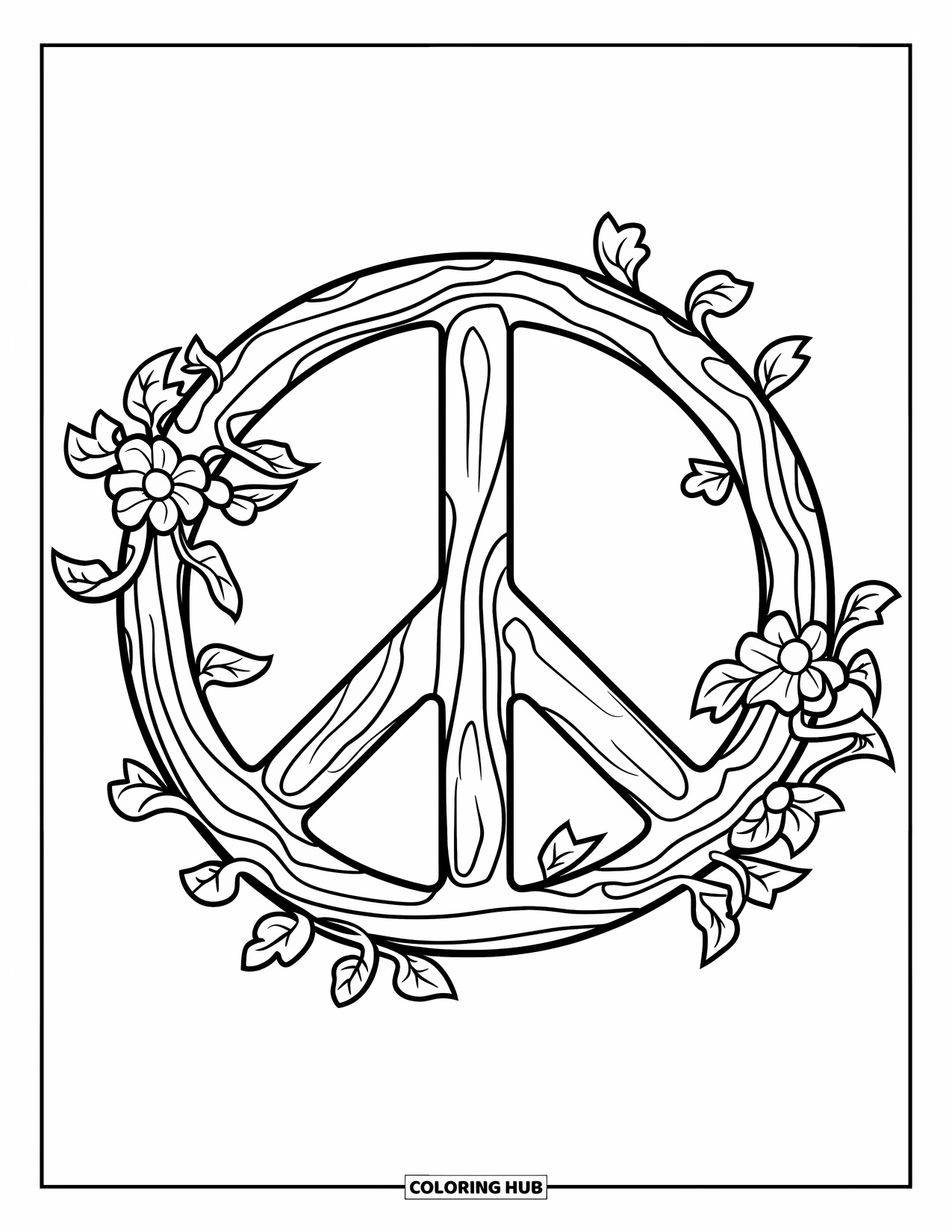 Peace Coloring Page for Kids: Rustic wooden peace sign covered in vines