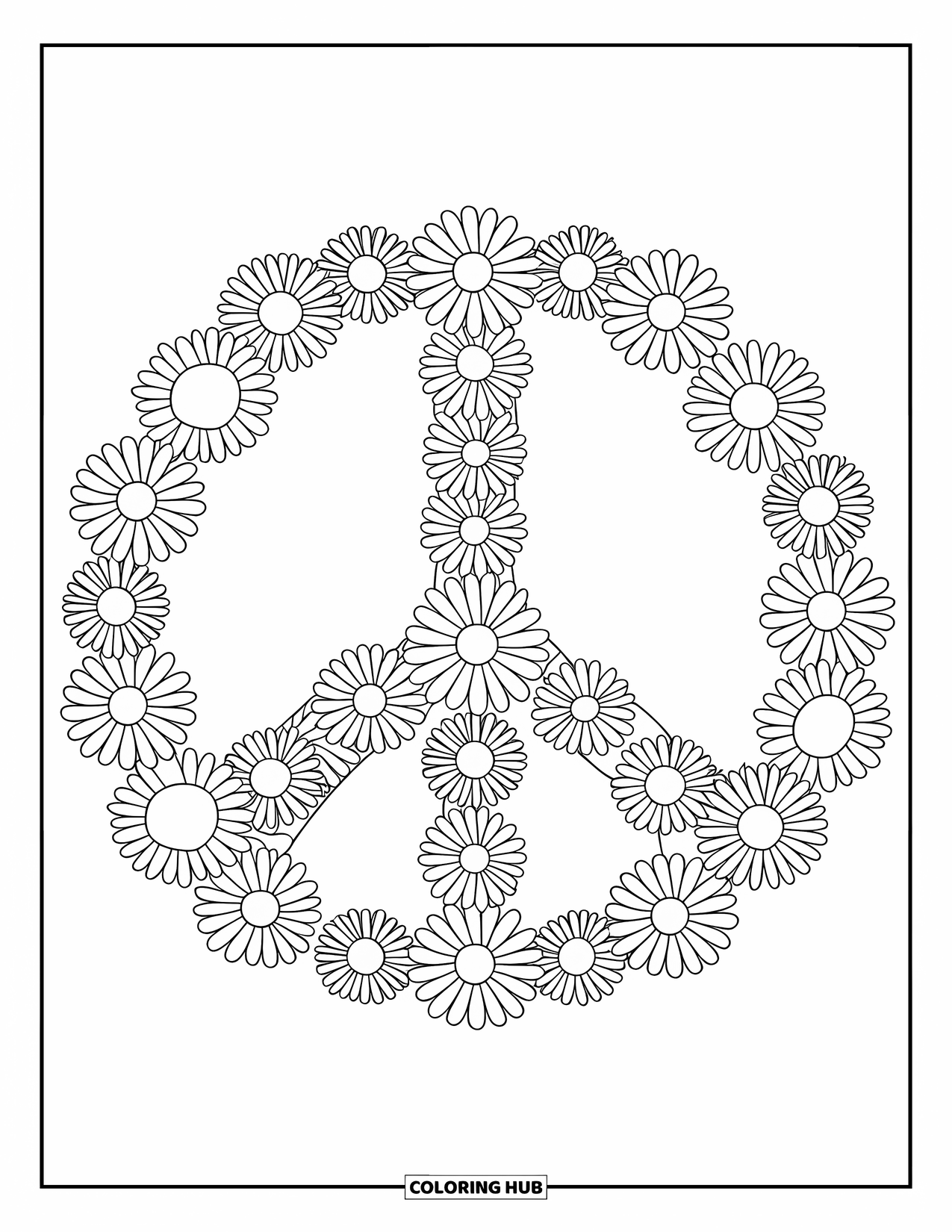 Peace Coloring Page for Kids: Simple daisy and sunflower peace symbol for kids