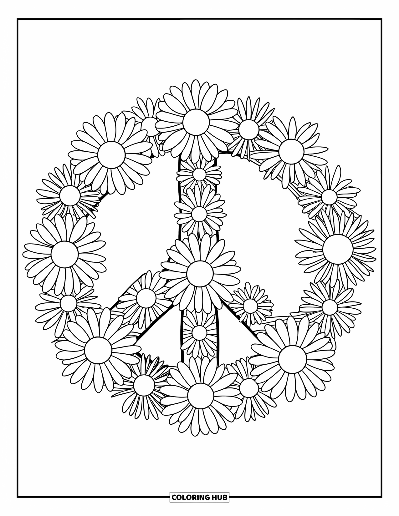 Peace Coloring Page for Kids: Sunflower and daisy peace sign with bold outline