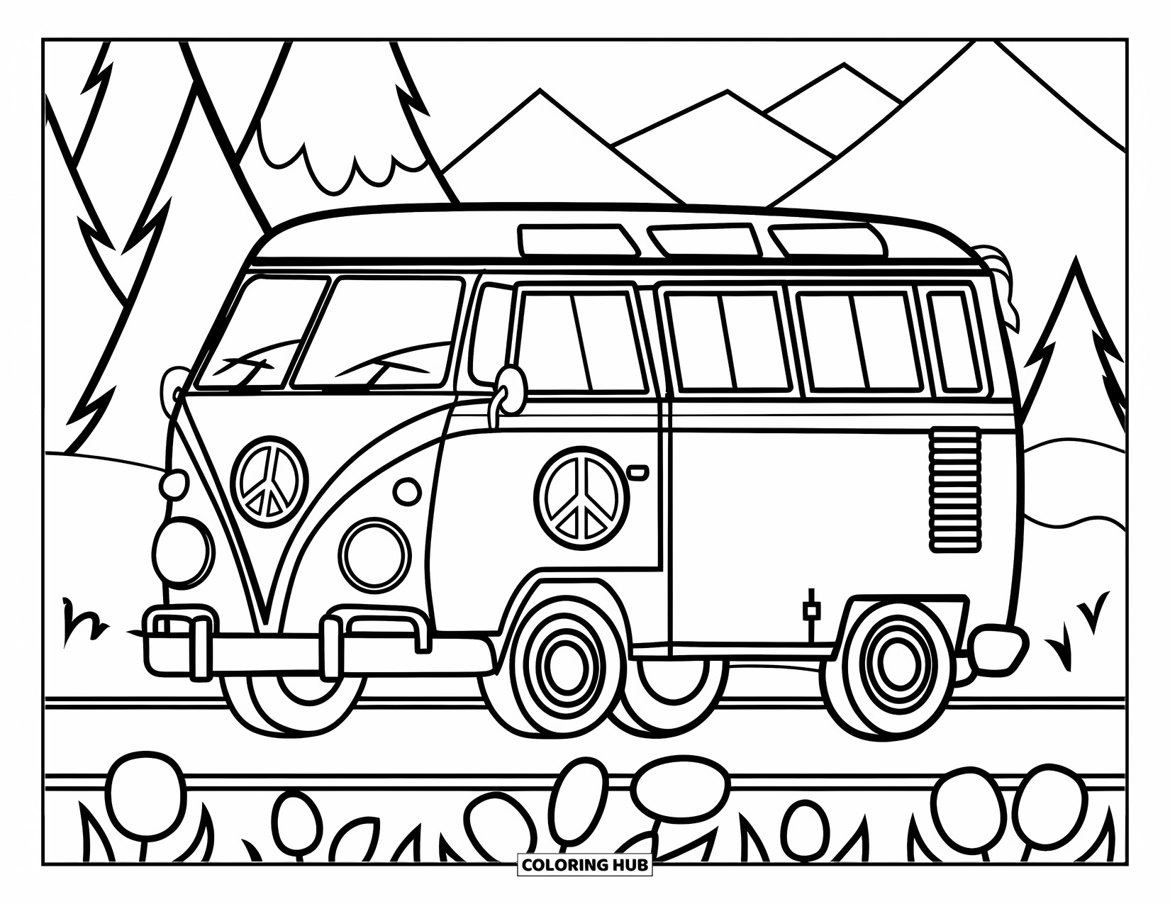 Peace Coloring Page for Kids: Van with flower wheels and peace symbol parked roadside
