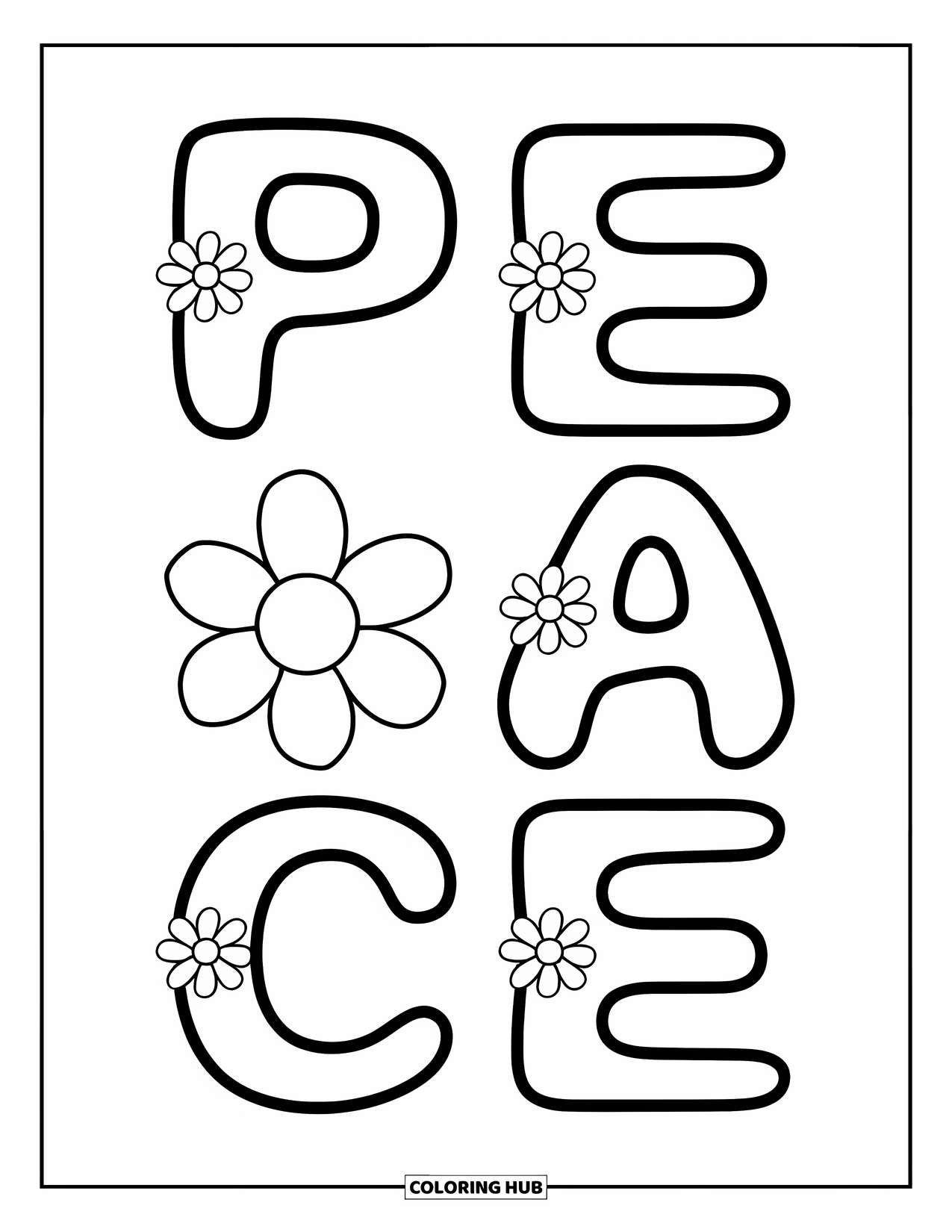 Peace Coloring Page for Kids: Wavy "Peace" letters with flowers between them