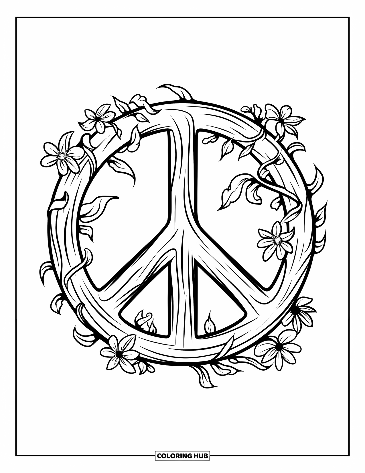 Peace Coloring Page for Kids: Wooden peace sign with vines and flowers
