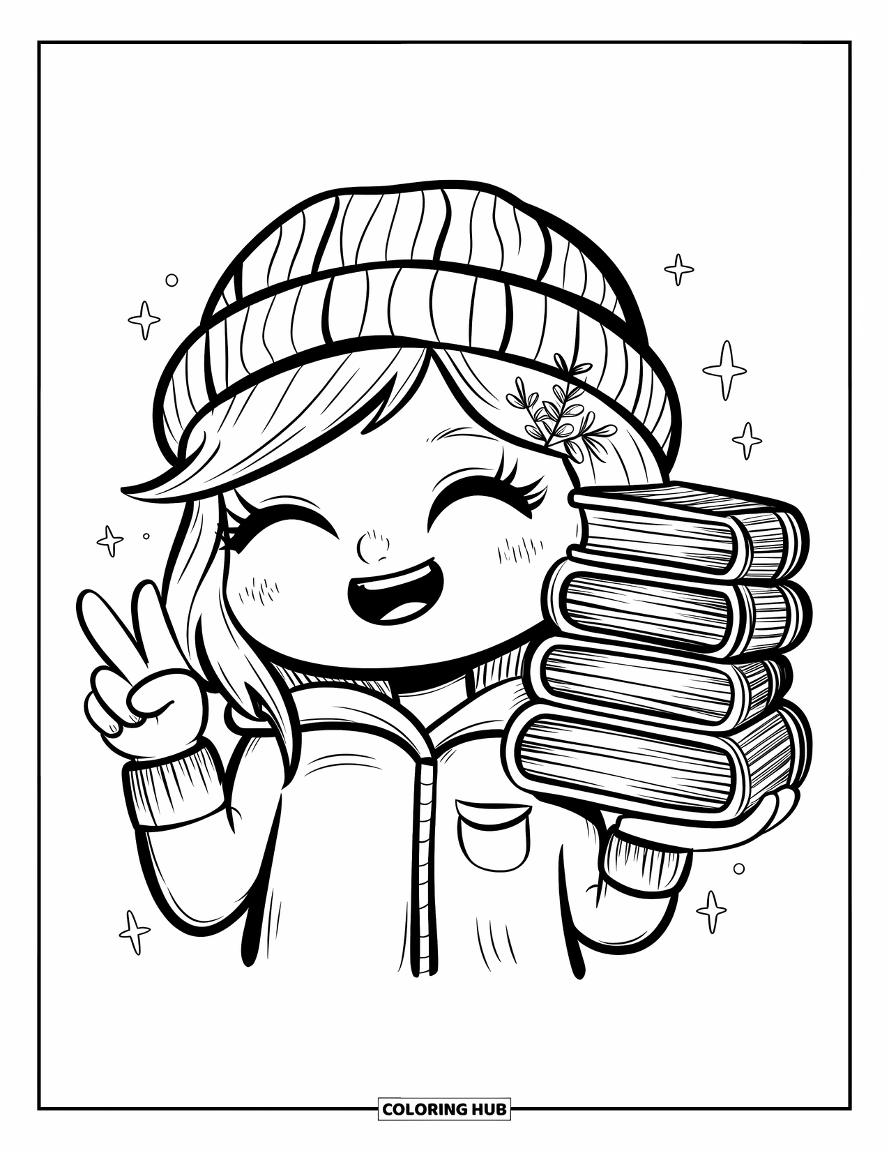 Peace Sign Coloring Page for Adults: A cheerful chibi girl balances books and flashes a peace sign with sparkles around