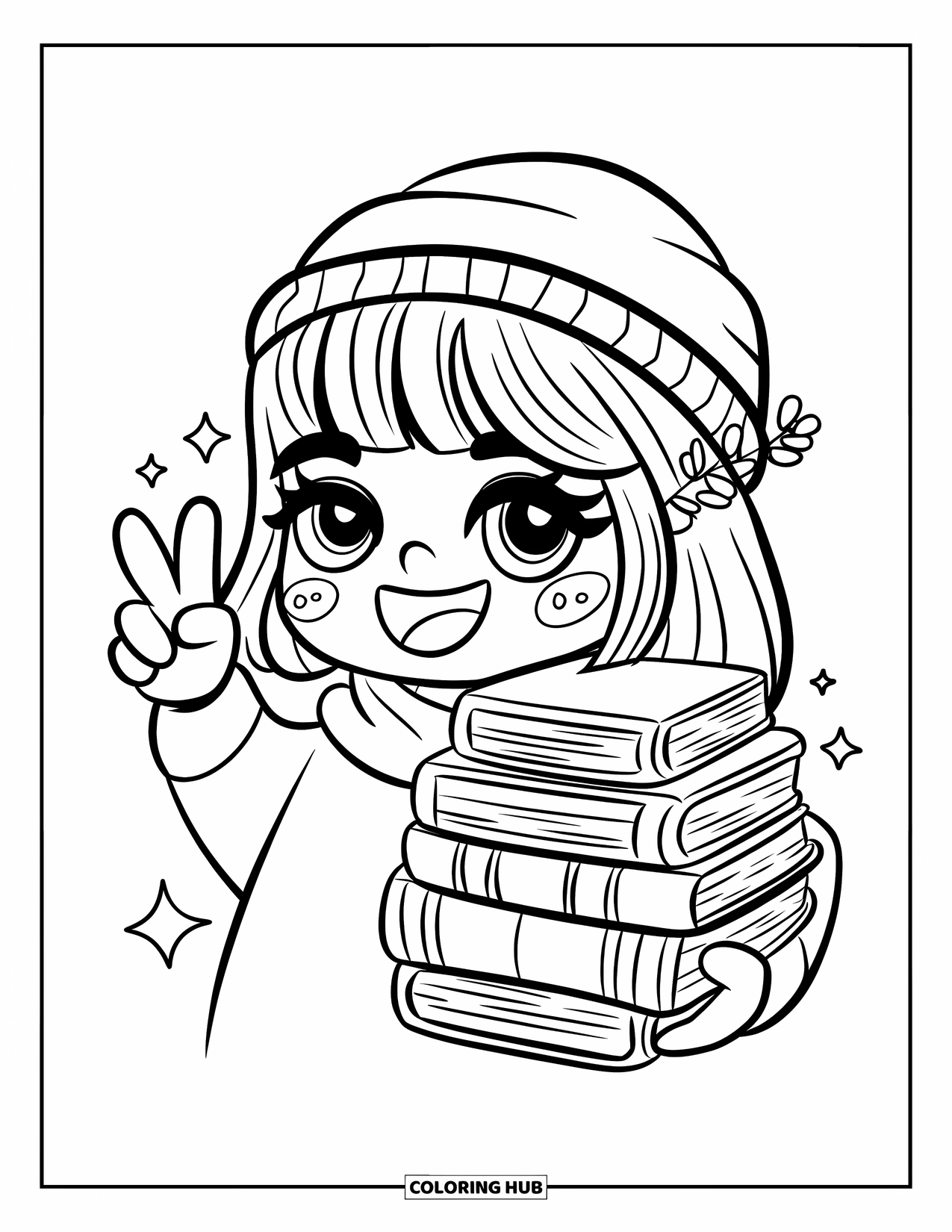 Peace Sign Coloring Page for Adults: A chibi girl with cozy books and sparkles throws a peace sign with a big smile