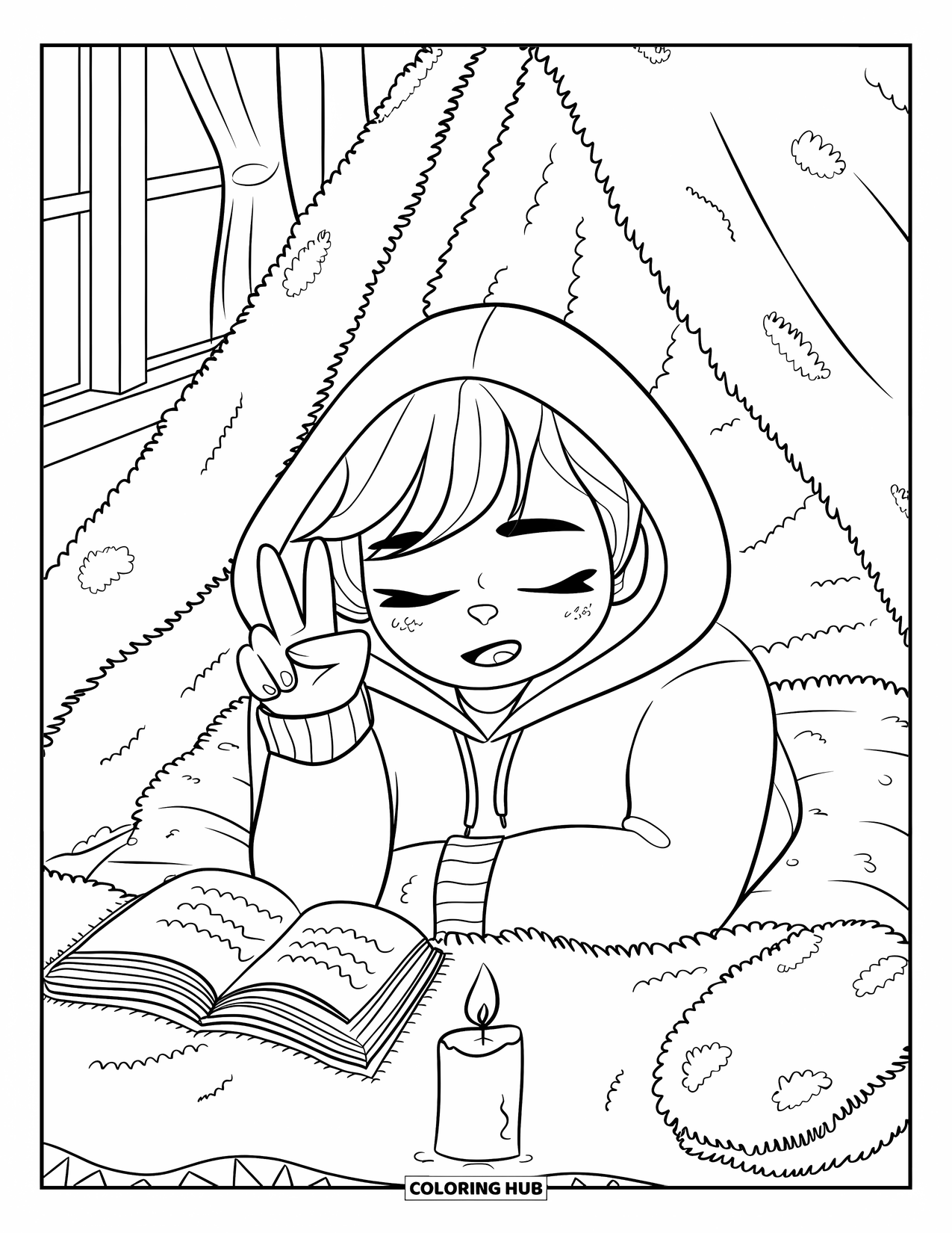 Peace Sign Coloring Page for Adults: A chibi teen rests in a blanket fort, surrounded by soft light and cozy details
