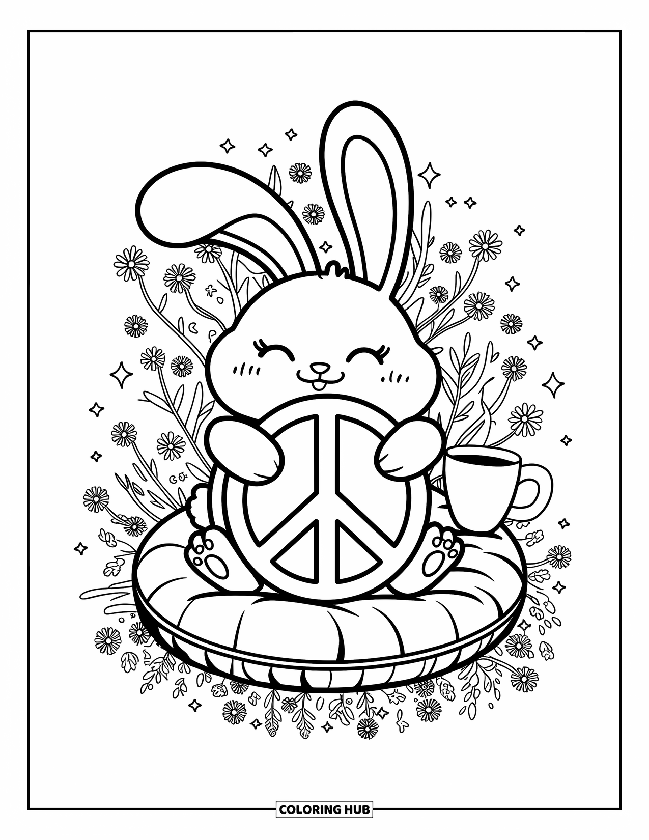 Peace Sign Coloring Page for Adults: A chubby bunny hugs a big peace sign while sitting on a cushion with tea and stars