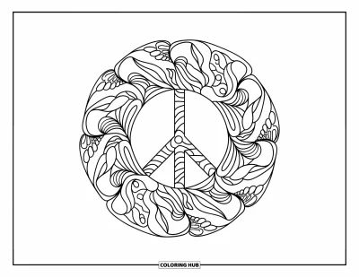 Békejel kifestő felnőtteknek: Kör alakú zentangle-minta, amelynek közepén békejel van megnyugtató részletes mintákkal körülvéve