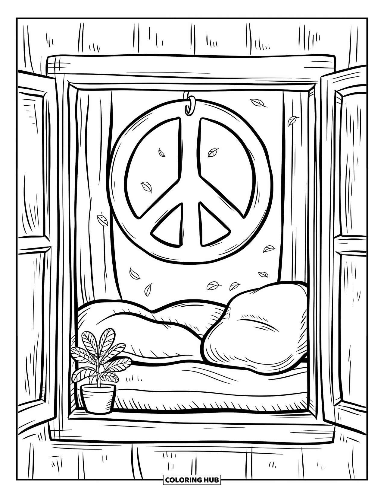 Peace Sign Coloring Page for Adults: A cozy window scene with a peace sign, pillow pile, and tiny leaves blowing in