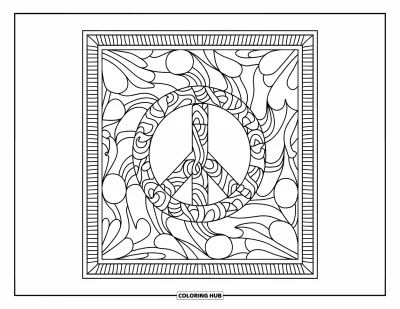 Békejel kifestő felnőtteknek: Részletes békejelminta díszítő zentangle-stílusú kerettel