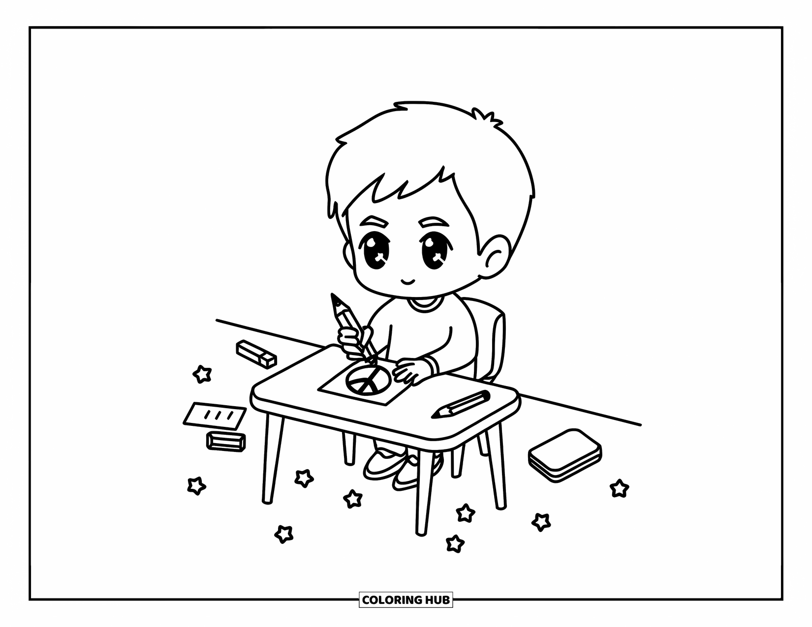 Peace Sign Coloring Page for Adults: A happy chibi boy sketches a peace sign with tiny stars and cute desk items