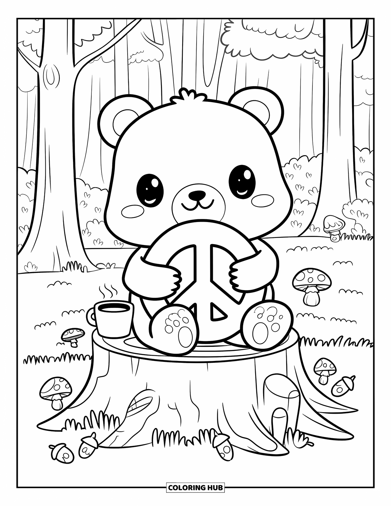Peace Sign Coloring Page for Adults: A kawaii bear sits on a stump, hugging a peace pillow with mushrooms and tea nearby
