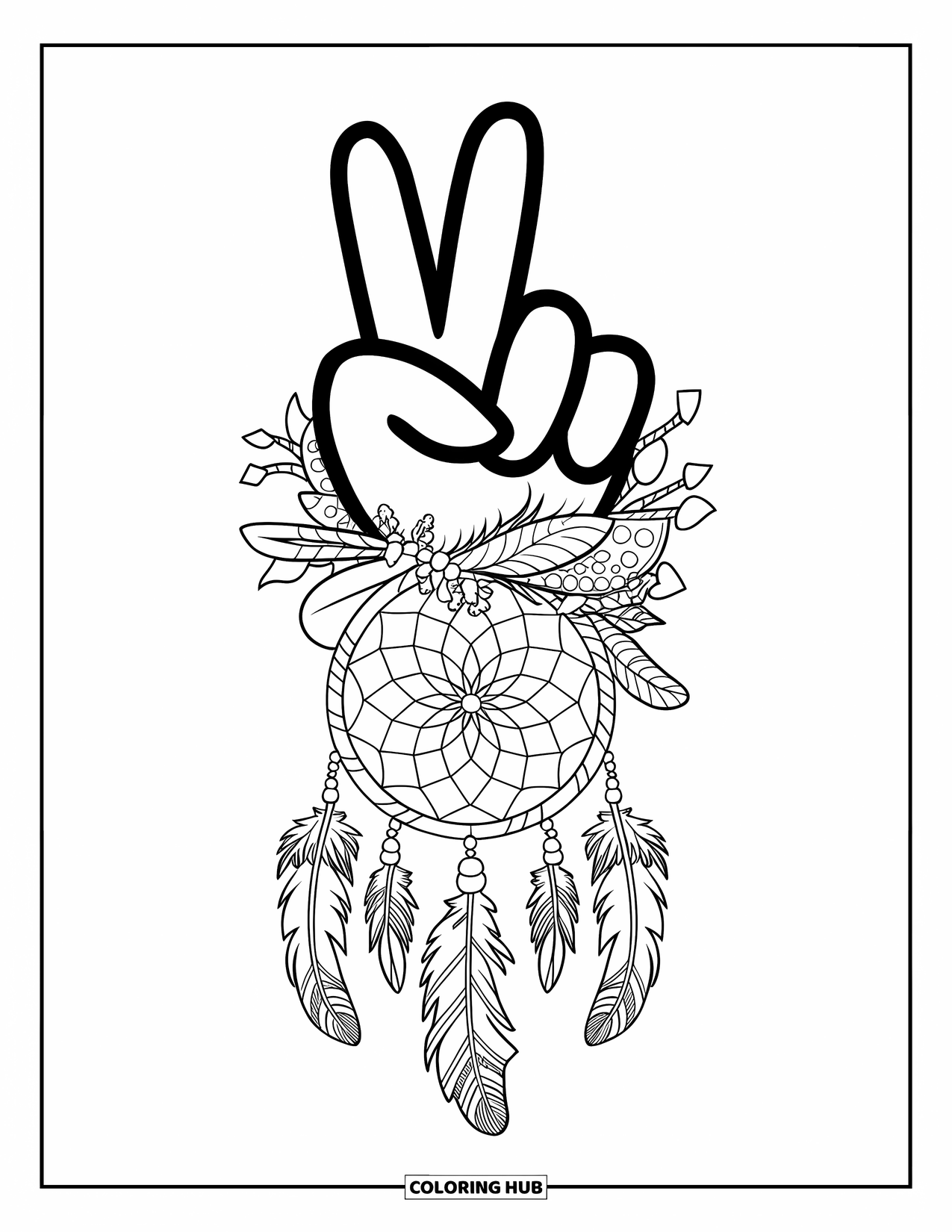 Peace Sign Coloring Page for Adults: A peace hand with spread fingers, adorned with beads, feathers, and dreamcatcher details