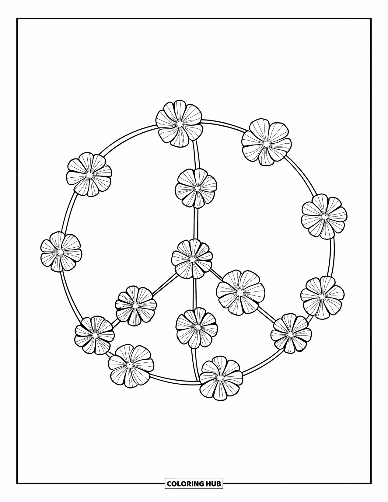 Peace Sign Coloring Page for Adults: A peace sign made of blooming flowers with soft petals and delicate stems