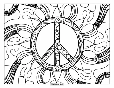 Békejel kifestő felnőtteknek: Egy békejel áll a megnyugtató, bonyolult zentangle-minta közepén