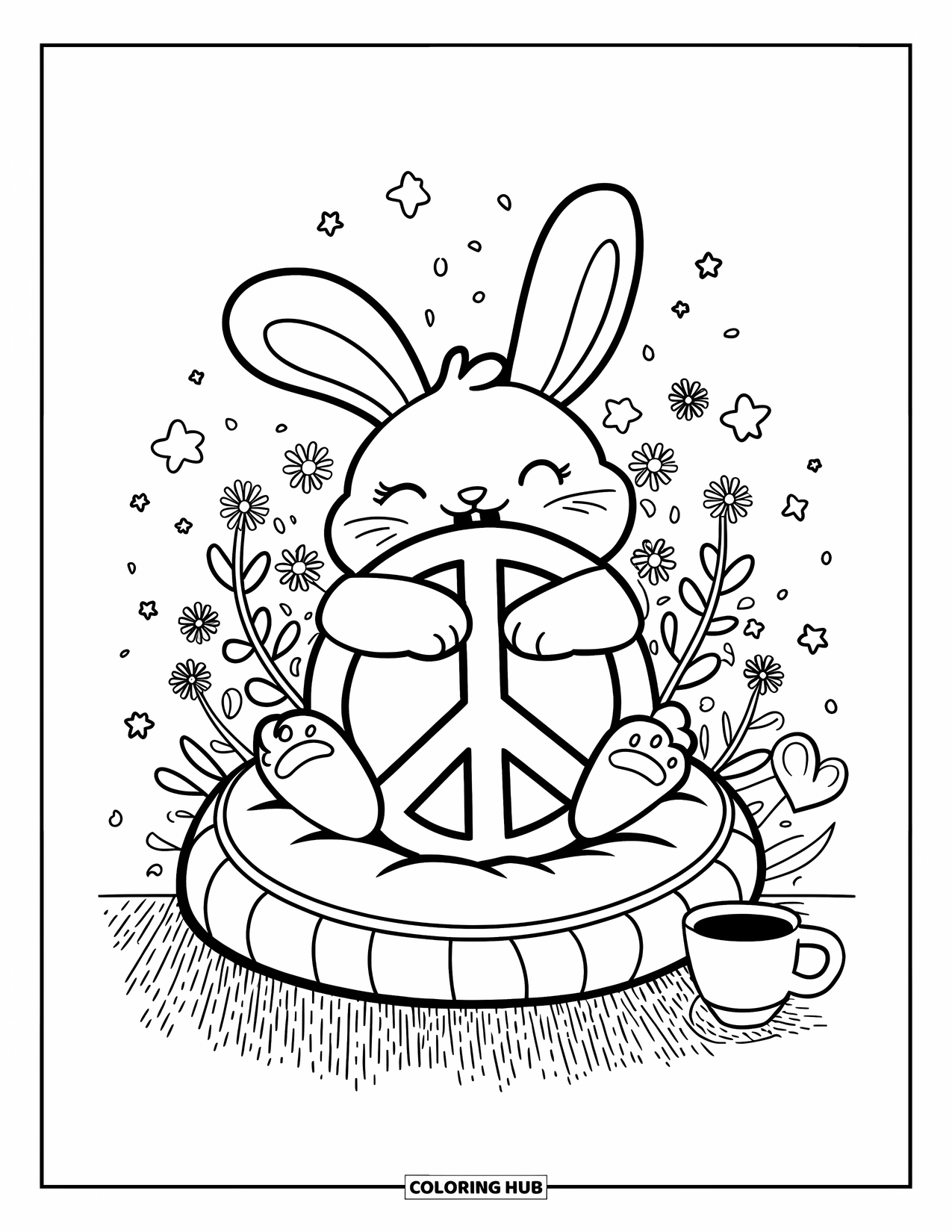 Peace Sign Coloring Page for Adults: A round bunny cuddles a peace sign on a cushion, surrounded by wildflowers and a mug