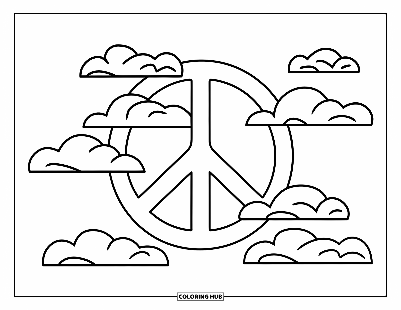 Peace Sign Coloring Page for Kids: A big peace sign with cartoon clouds drifting all around