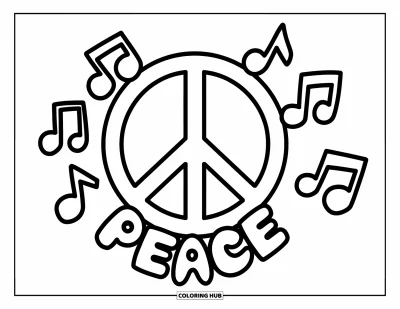 Békejel kifestő gyerekeknek: Egy nagy békeszimbólum, alatta “PEACE” felirattal és rajzfilm-hangjegyekkel körülvéve