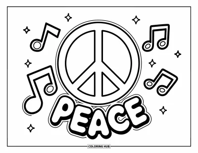 Békejel kifestő gyerekeknek: Egy nagy békejel alatta “PEACE” felirattal és vidám hangjegyekkel körülvéve