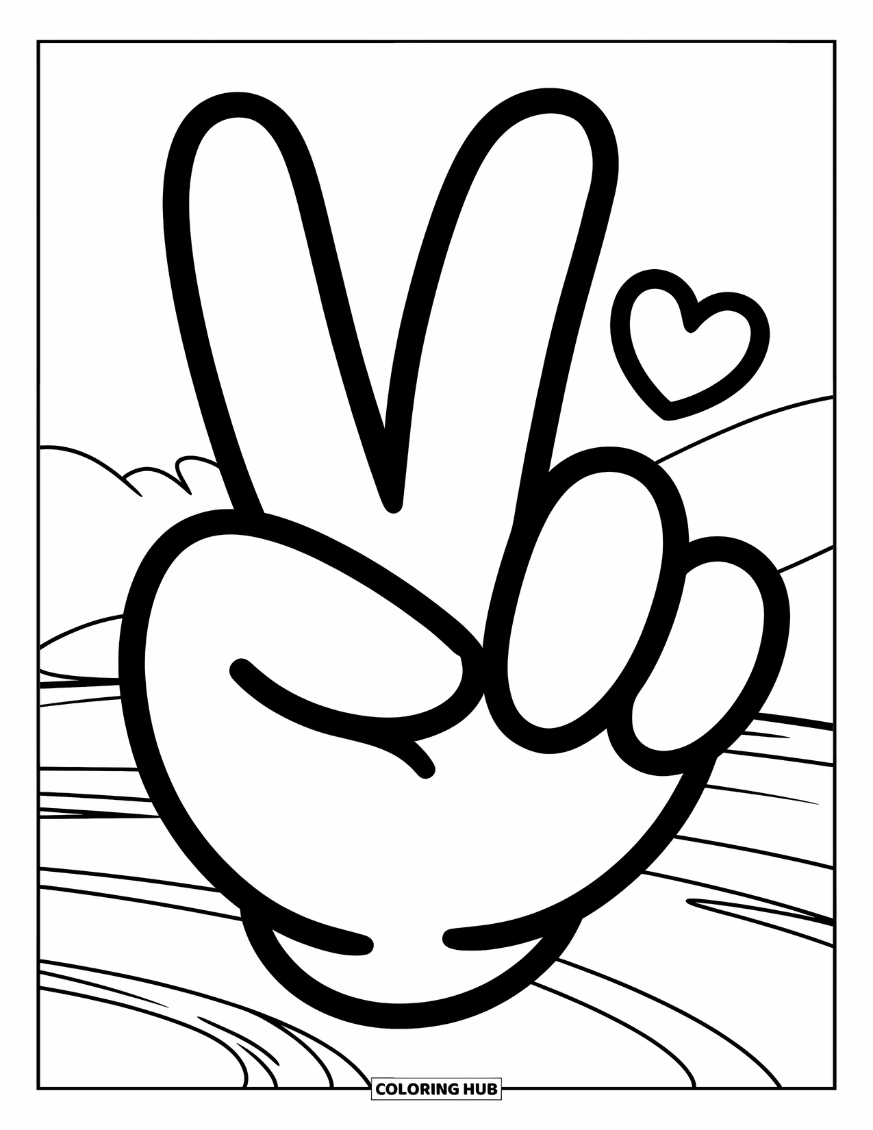 Peace Sign Coloring Page for Kids: A peace hand with a small heart next to it in a friendly pose