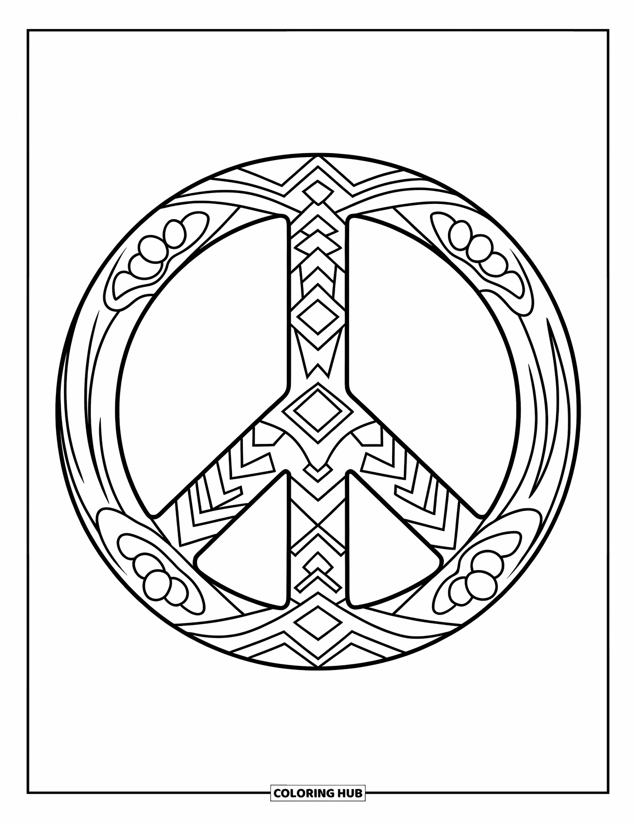 Peace Sign Coloring Page for Kids: A peace sign filled with tribal-style patterns inside a circle