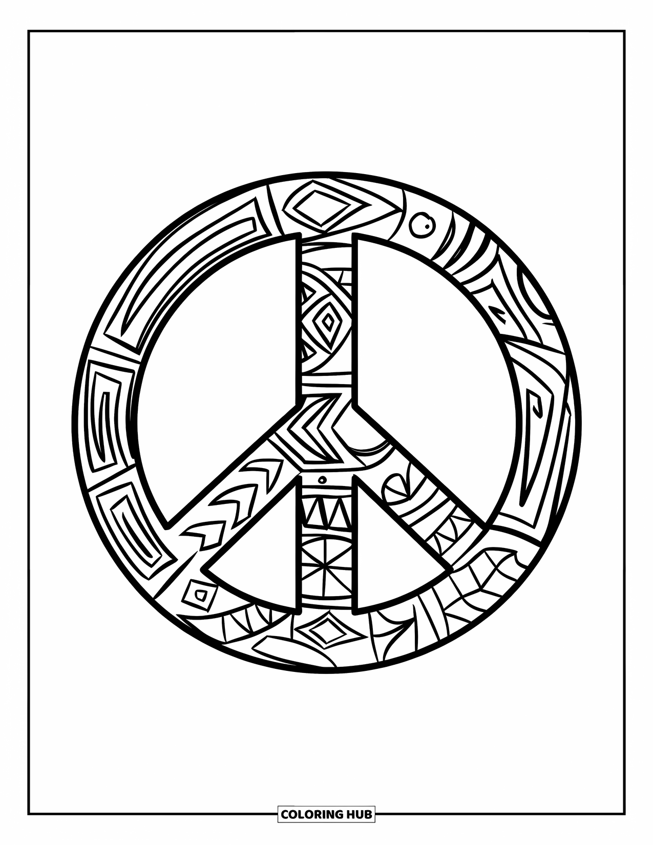 Peace Sign Coloring Page for Kids: A peace sign inside a circle with dynamic tribal-inspired patterns