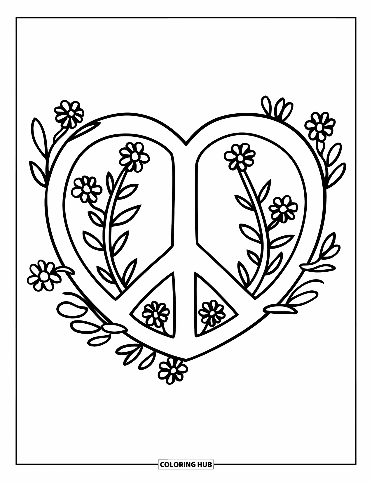 Peace Sign Coloring Page for Kids: A peace sign inside a heart with tiny flowers growing from it
