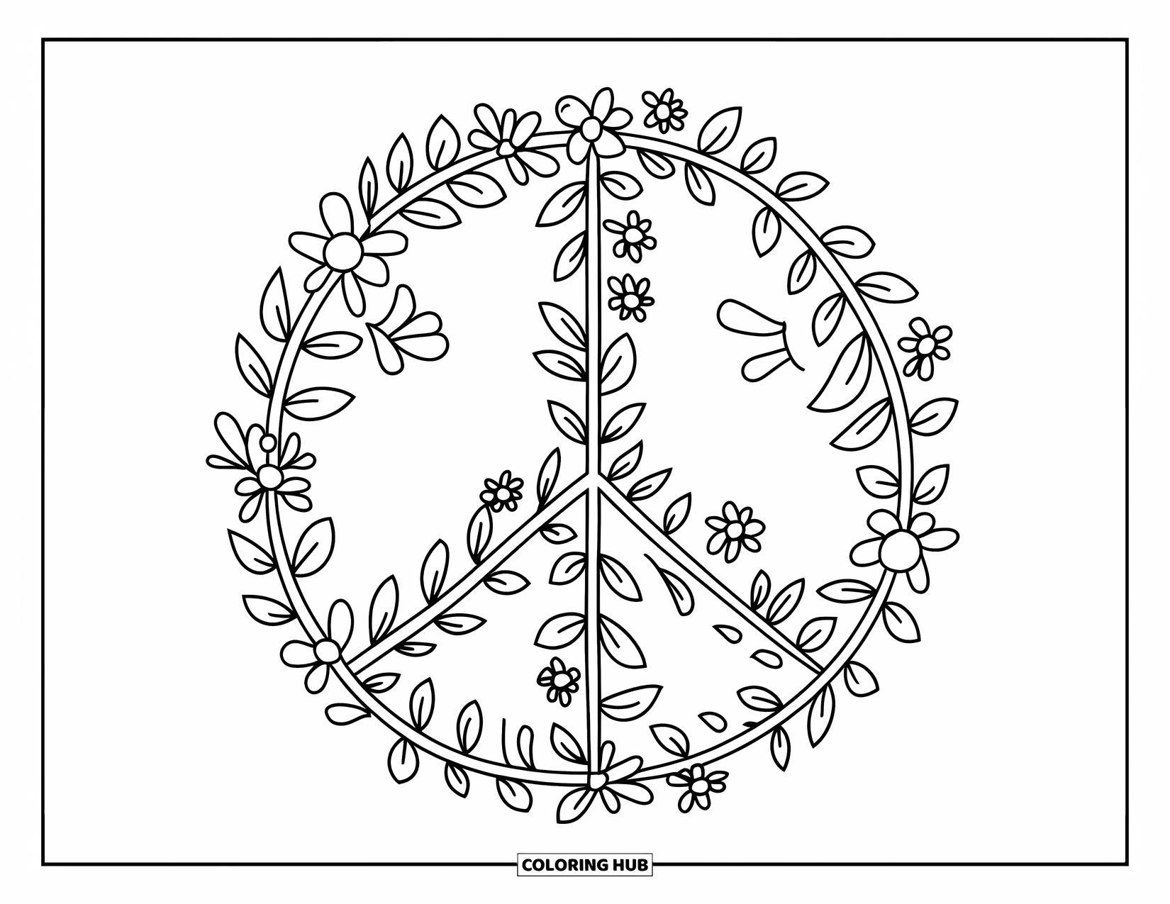 Peace Sign Coloring Page for Kids: A peace sign made of vines with flowers and leaves all around
