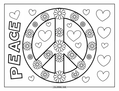 Békejel kifestő gyerekeknek: Egy békejel margarétamintákkal, szívekkel és mellette “PEACE” felirattal