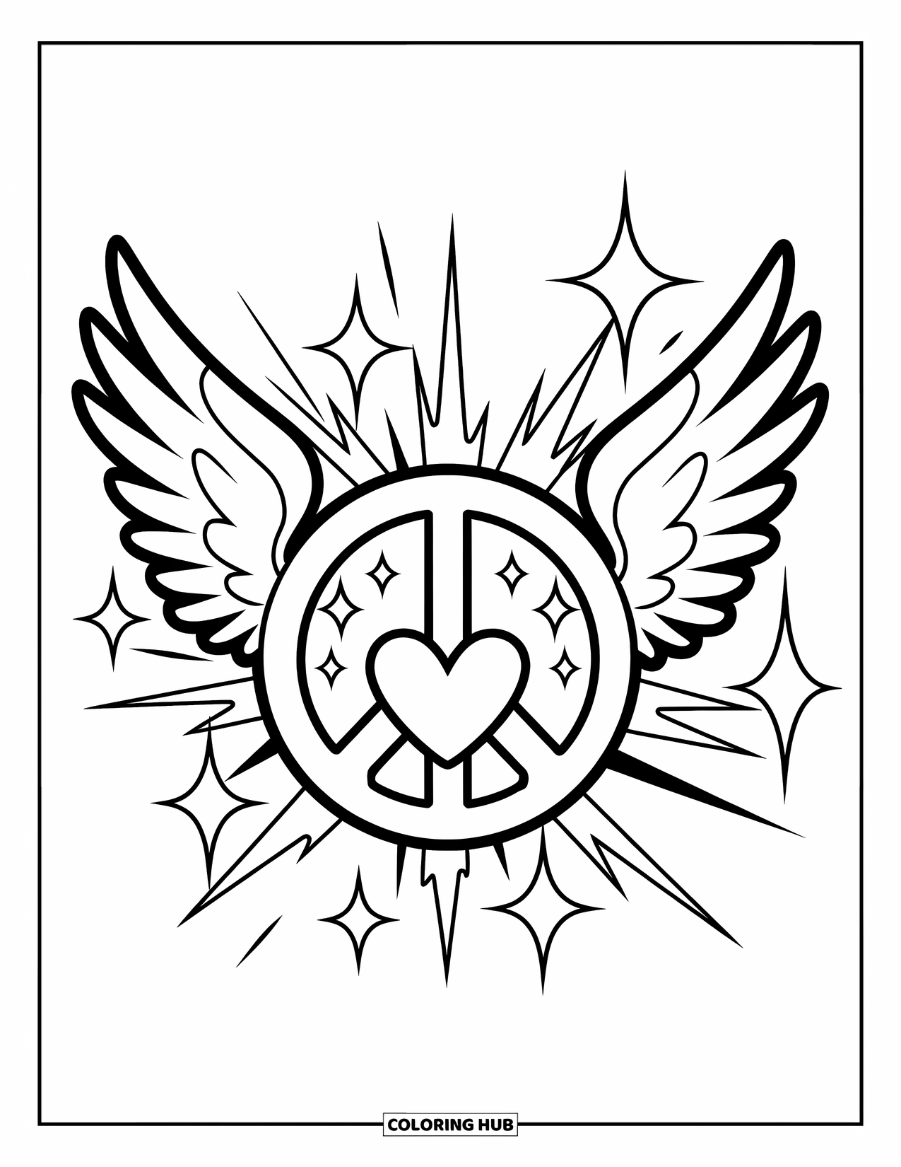 Peace Sign Coloring Page for Kids: A peace sign with wings, sparkles, and a heart at the center