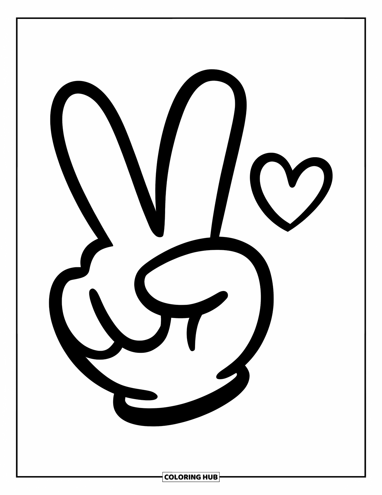 Peace Sign Coloring Page for Kids: A raised peace hand with a small heart floating nearby